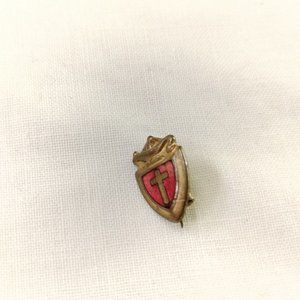 Brass Christian Cross on Red Shield Vintage Brooch Pin
